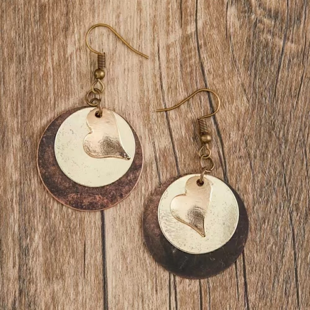Boho Layered Heart Earrings - Multicolor Metal with Coppertone French Hook #1410